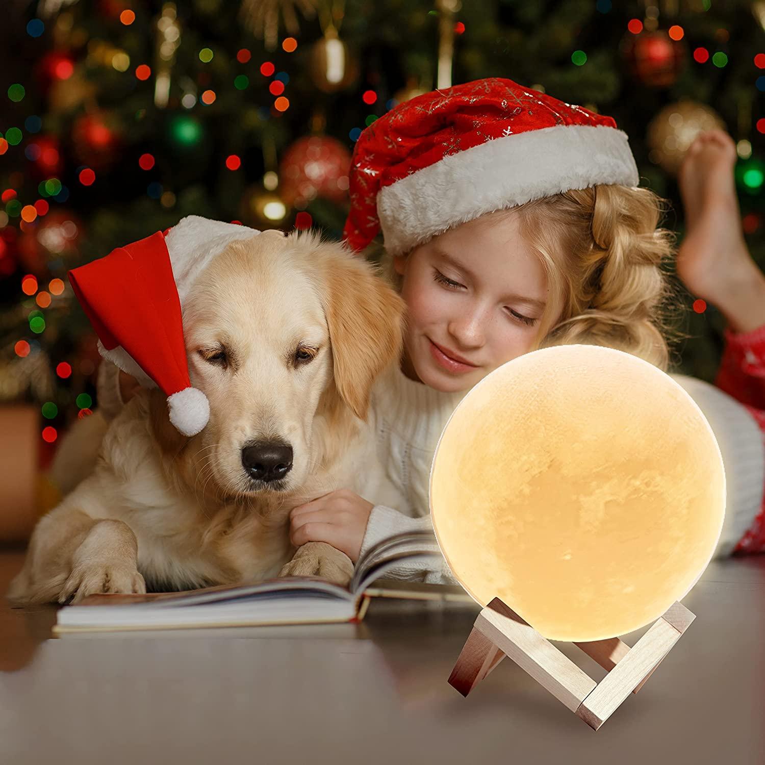 3D Moon Lamp with 5.9 Inch Wooden Base - LED Night Light, Mood Lighting with Touch Control Brightness for Home Décor, Bedroom, Gifts Kids Women Christmas New Year Birthday - White & Yellow - CraftEmporio